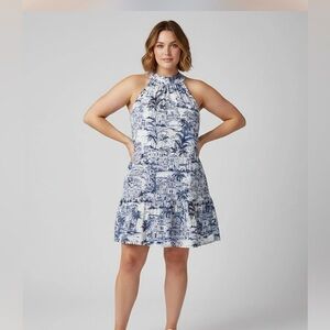 Calypso Blue & White Toile Print Halter Dres Size Large